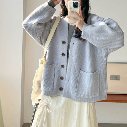 Damen Strickjacke Große Taschen Knöpfe Beige