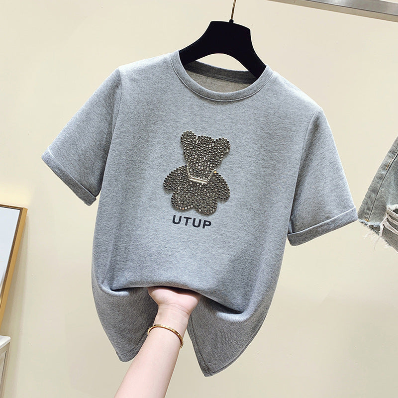 Damen T-Shirt Glitzer Bärenmotiv Lässiger Schnitt Norvielle