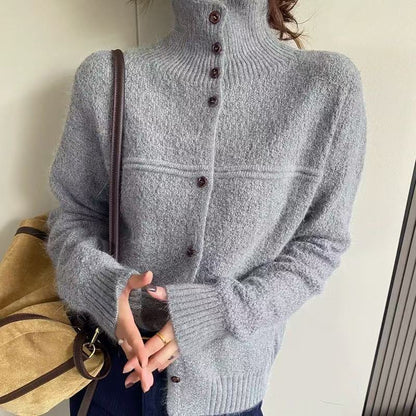 Damen Strickjacke Hochkragen Knopf details Norvielle