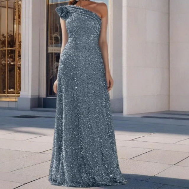 Damen Maxikleid Schulterfrei Pailletten Schwarz - Norvielle
