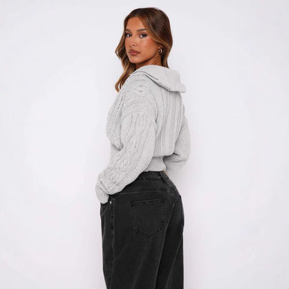 Damen Strickcardigan Kurz Zopfmuster Reißverschluss Norvielle