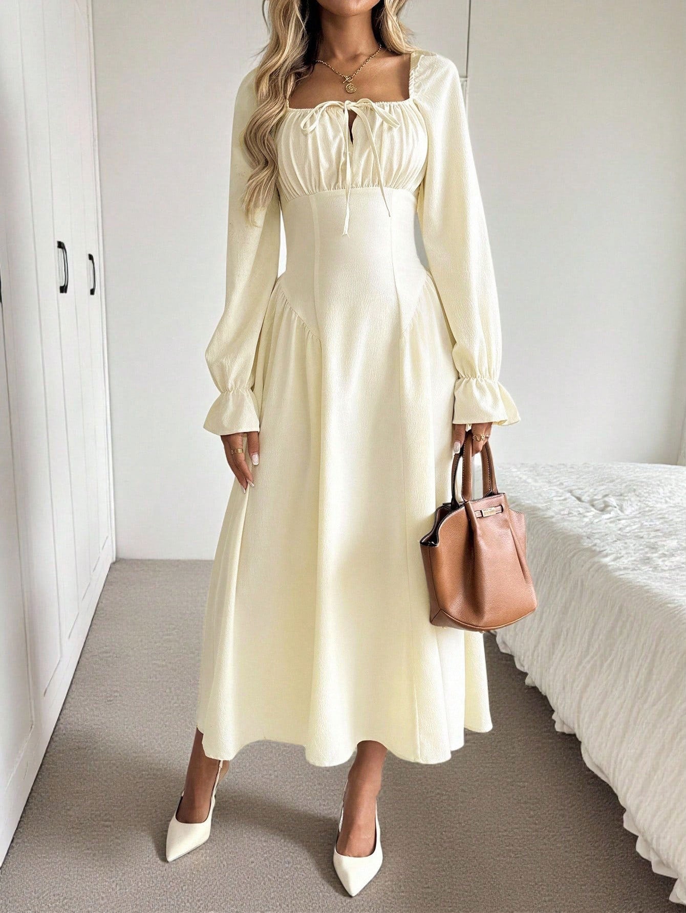 Damen Maxikleid Elegantes Design Puffärmel Norvielle