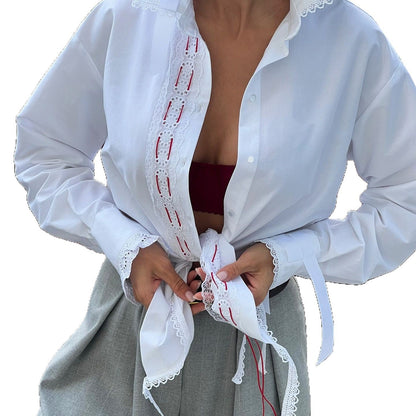 Damen Elegantes Hemd Spitzenakzente Schnürdetail Weiß