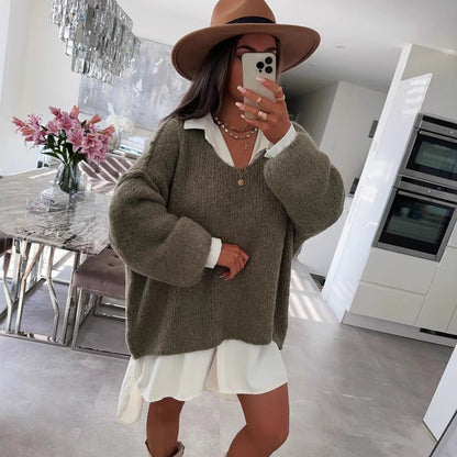 Damen Oversized Pullover Weich Voluminöse Ärmel Beige