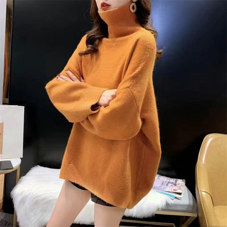 Damen Oversized Pullover Grobstrick Hochkragen Beige