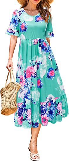 Damen Midikleid Floralmuster Volantabschluss