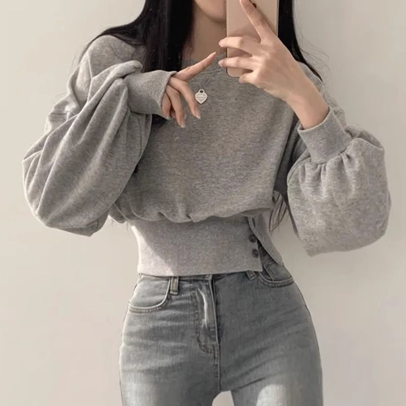 Damen Cropped Sweatpullover Puffärmel Norvielle