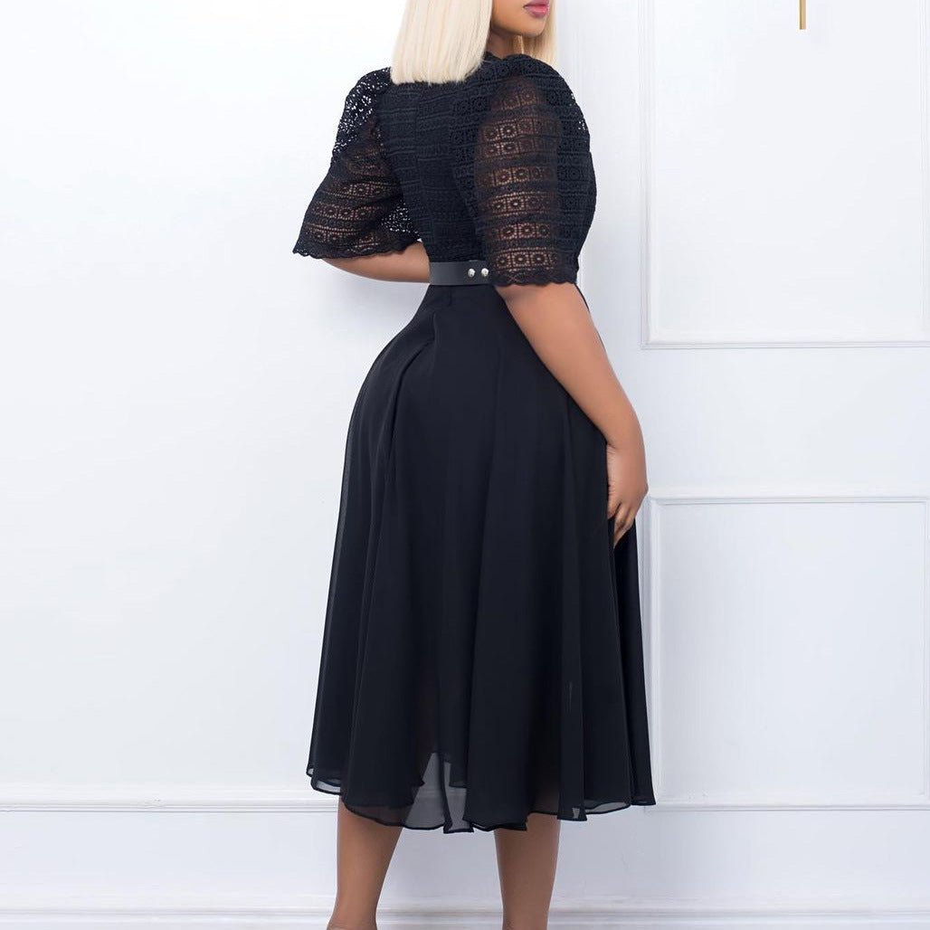Damen Maxikleid Spitze Taillengürtel Norvielle