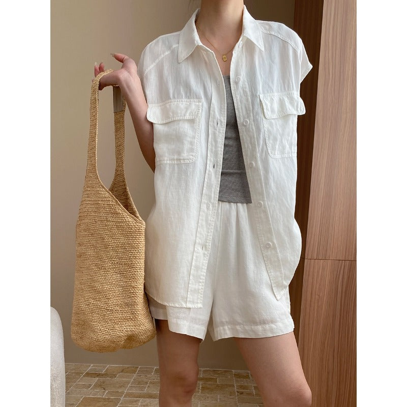 Damen Kurzarmhemd mit Taschen aus Baumwolle Beige - Norvielle