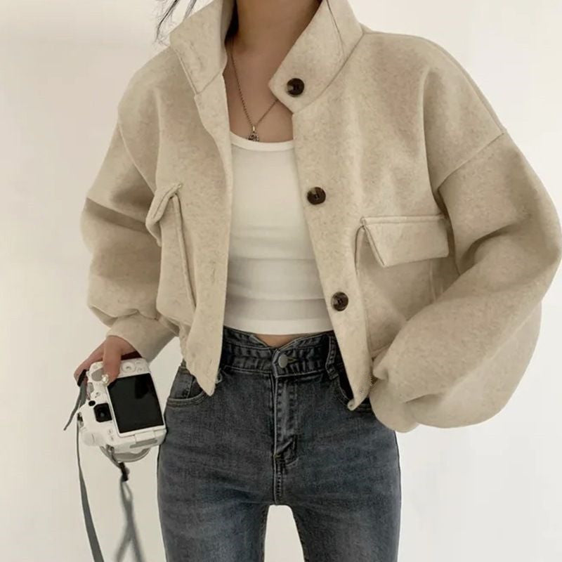 Damen Cropped Bomberjacke Voluminöse Ärmel Praktische Taschen