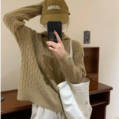 Damen Grobstrickpullover Kapuze Zopfmuster