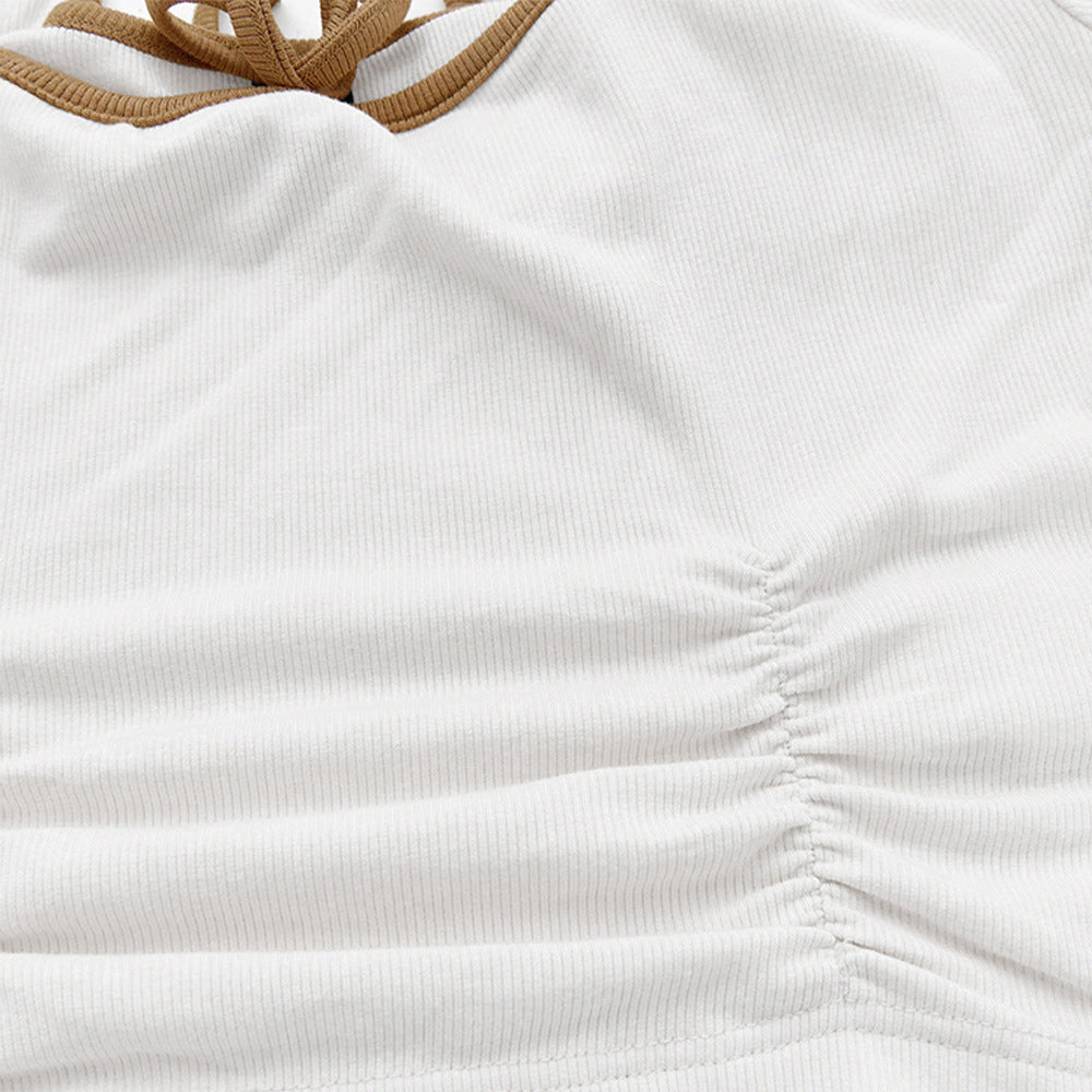 Damen Cropped Langarmshirt Quadrat-Ausschnitt Knoten-Detail Weiße