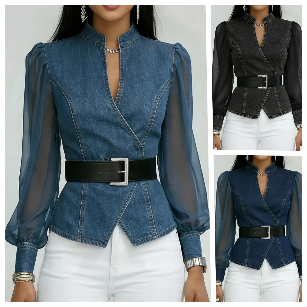 Damen JeansbluseTransparente Ärmel Tailliert Blau - Norvielle