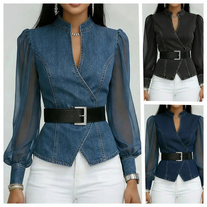 Damen JeansbluseTransparente Ärmel Tailliert Blau - Norvielle