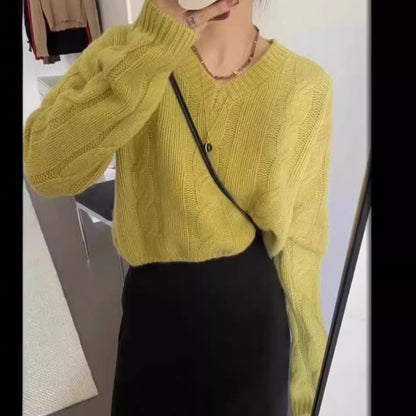 Damen Strickpullover V-Ausschnitt Zopf-Muster Norvielle