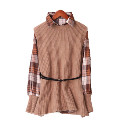 Damen Strickpullover mit Karomuster und elastischem Gürtel Norvielle