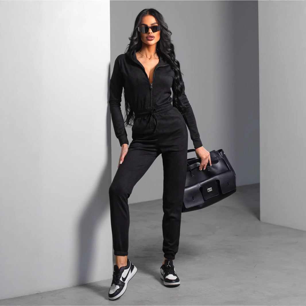 Damen Fleece-Jumpsuit Elastischer Bund Schwarz Norvielle - Norvielle