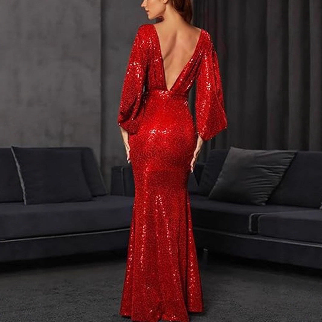 Damen Pailletten Mermaid-Kleid V-Ausschnitt Voluminöse Ärmel Norvielle