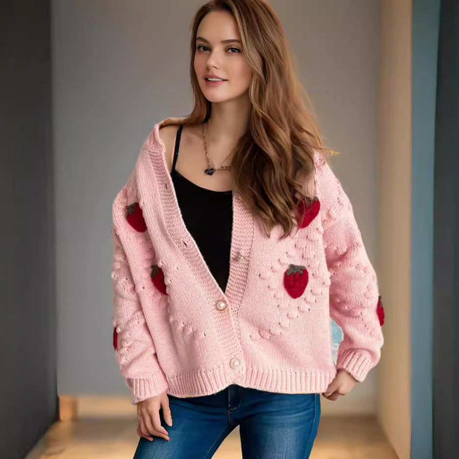 Damen Strickjacke Erdbeer Stickerei Knopfverschluss Norvielle - Norvielle