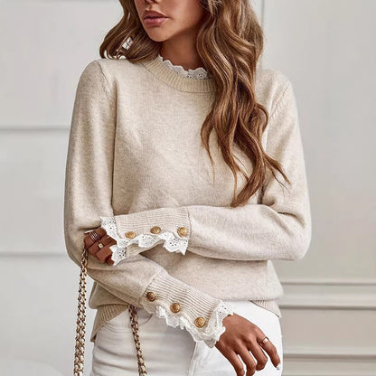 Damen Pullover Feine Spitzenärmel Elegante Knöpfe Beige - Norvielle