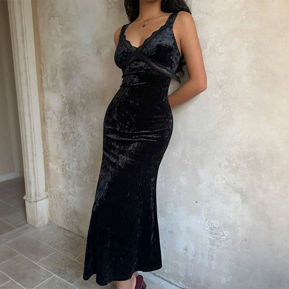 Damen Maxi-Kleid Samt V-Ausschnitt Spaghettiträger
