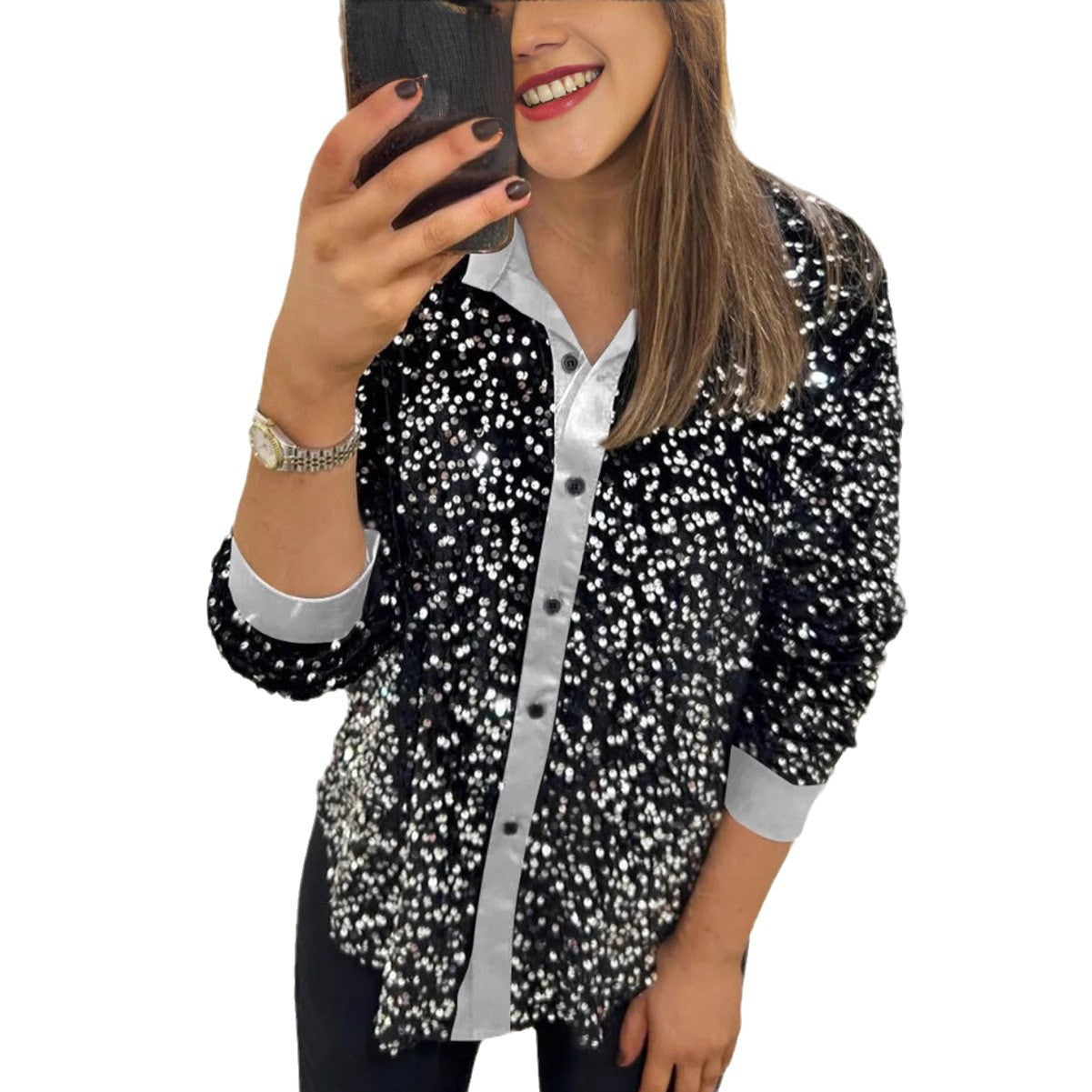 Damen Paillettenbluse Klassischer Kragen Langer Ärmel Norvielle