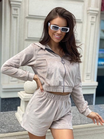 Damen Cropped Hoodie Kurze Hose Set