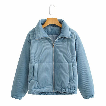 Damen Cordjacke Elastische Bündchen Hochkragen Beige