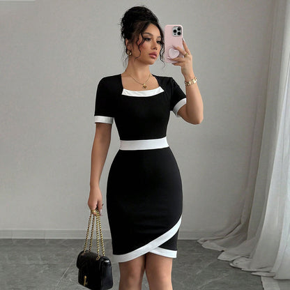 Damen Kleid Figurbetont Kontrastbündchen Karree Ausschnitt Norvielle - Norvielle