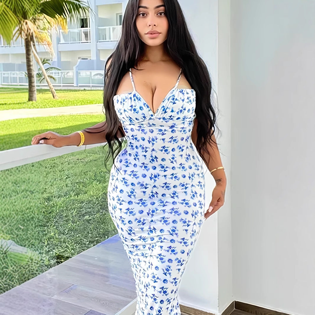 Damen Maxikleid Blumenmuster Figurbetont Spaghetti-Träger