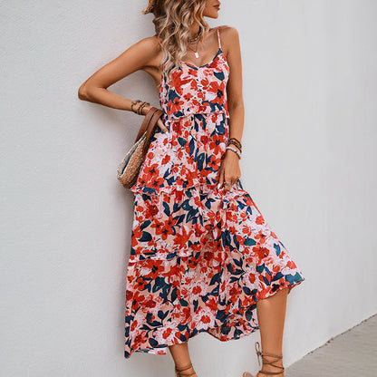 Damen Maxikleid Florale Rüschen Spaghettiträger Norvielle