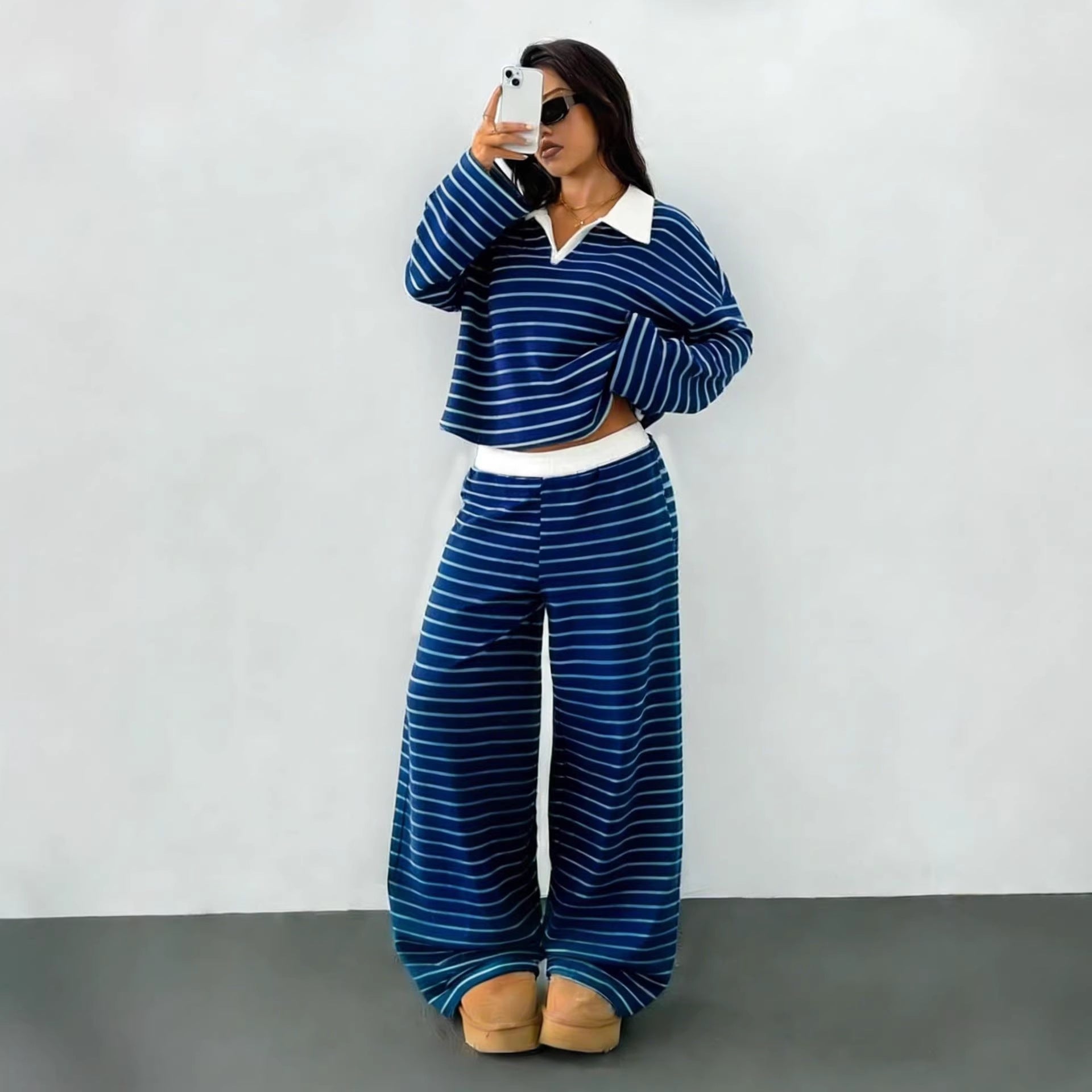 Damen Loungewear-Set mit Kragen Streifen Norvielle - Norvielle