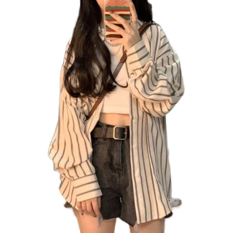 Damen Overshirt-Bluse Gestreift Lässiger Schnitt Übergroße Ärmel