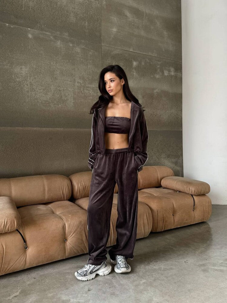 Damen Velours-Loungewear-Set Cropped Oberteil Weite Hose Beige