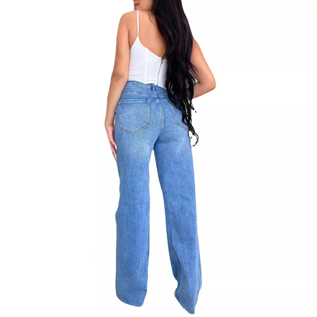 Damen Vintage Weite Jeans Destroyed-Style Hochwerder Bund