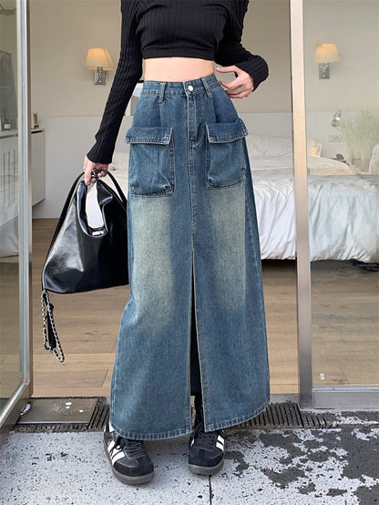 Damen Denimrock Lang Mit Taschen
