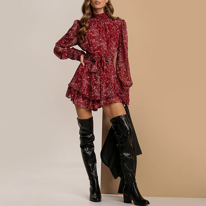 Damen Minikleid Rüschen-Details Hochkragen Norvielle