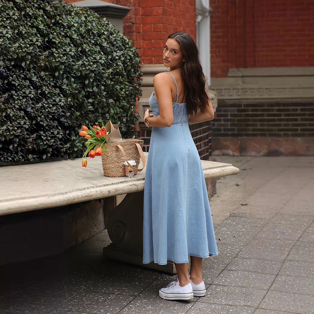 Damen Maxikleid Denim Spaghettiträger Elegant