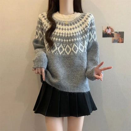 Damen Strickpullover Nordisches Muster Weich Grün