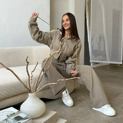 Damen Fleece-Loungewear-Set mit Kapuze und verstellbarem Bund