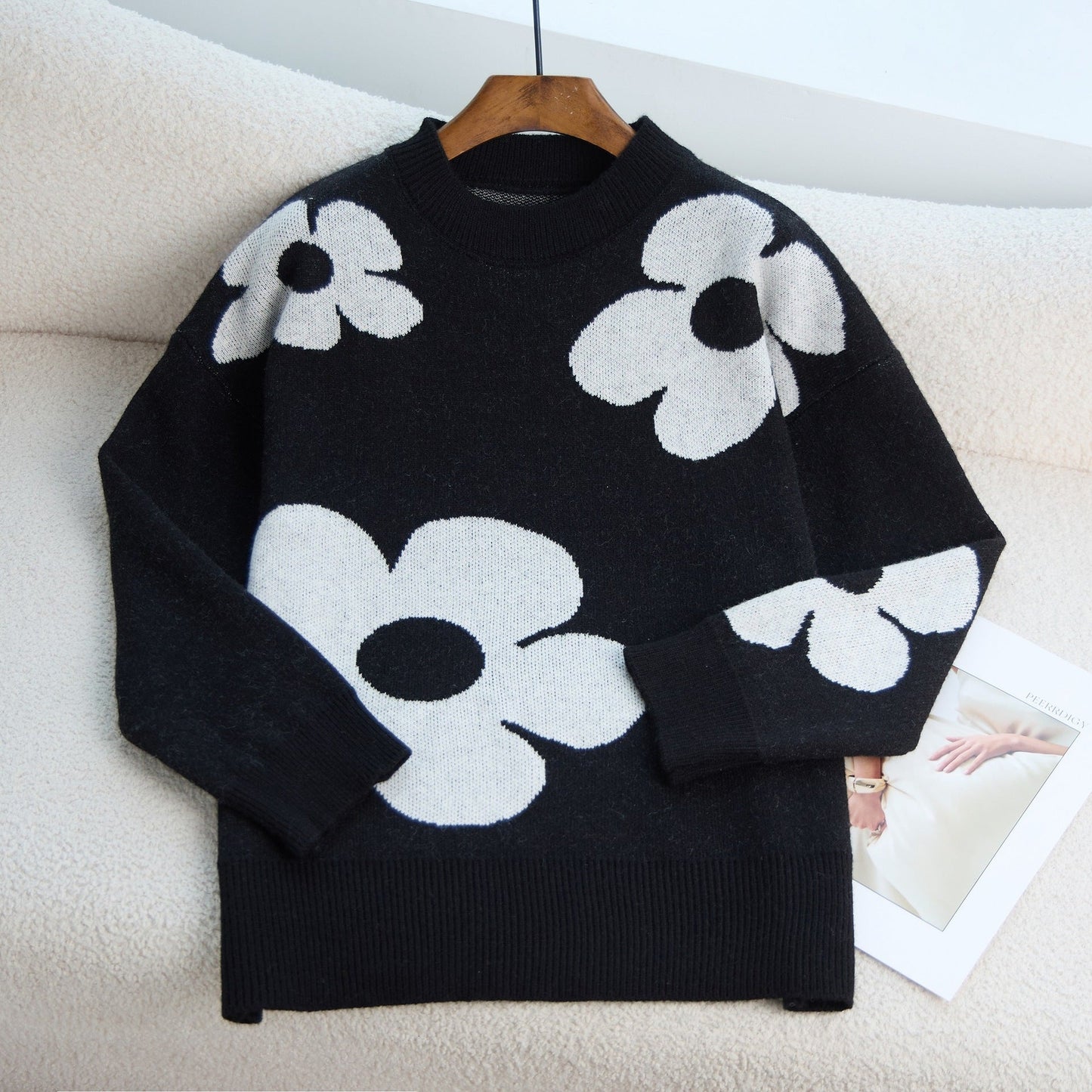 Damen Grobstrickpullover Blumenmuster Rundhals Norvielle