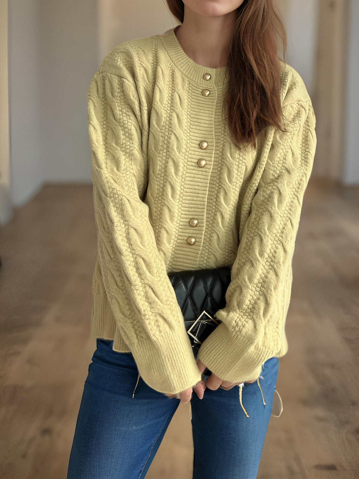 Damen Grobstrickjacke Kabelmuster Dekorative Knöpfe Norvielle