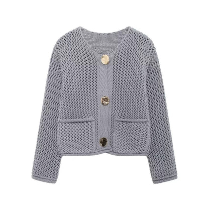 Damen Netzstrickjacke mit Taschen und Knöpfen Norvielle