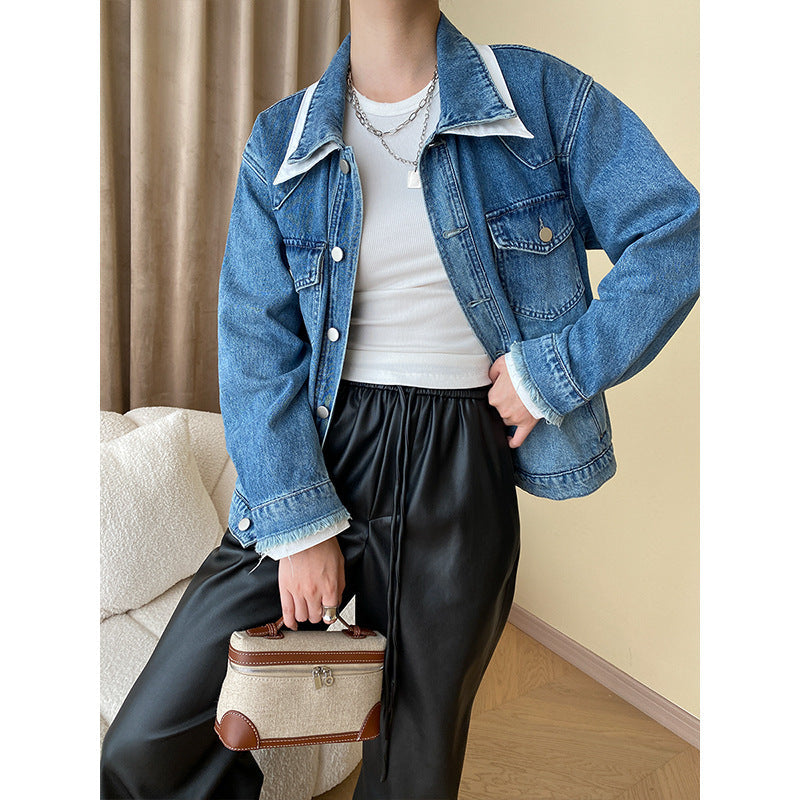 Damen Oversized Jeansjacke mit Kragen und Taschen Schwarz - Norvielle