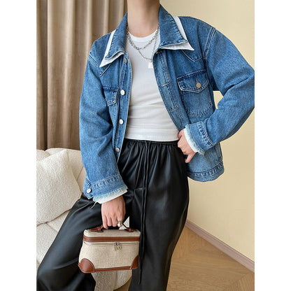 Damen Oversized Jeansjacke mit Kragen und Taschen Schwarz - Norvielle