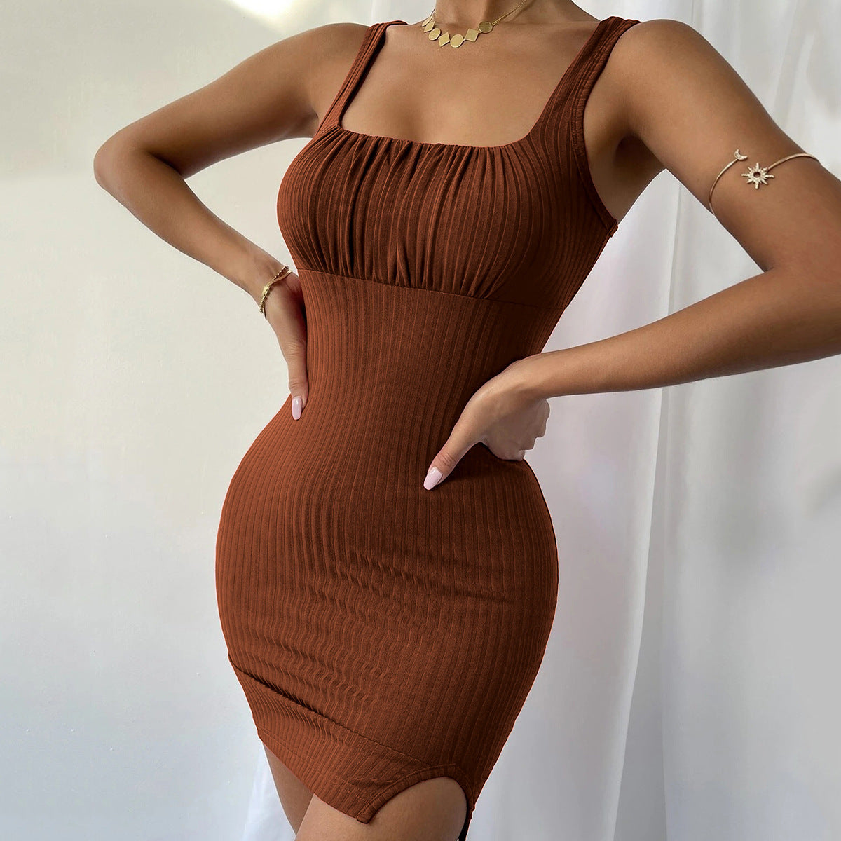 Damen Rippkleid Figurbetont Quadratischer Ausschnitt Hochschlitz