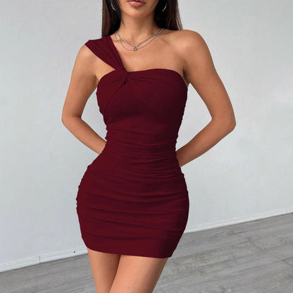 Damen Minikleid Bodycon Asymmetrischer Träger Drapierung