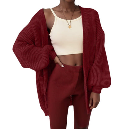 Damen Grobstrick-Cardigan Voluminöse Ärmel Praktische Taschen