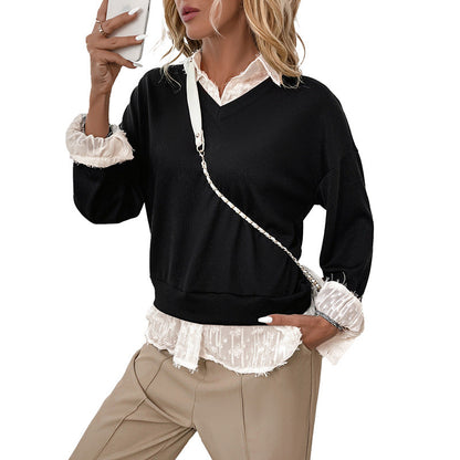 Damen Sweatshirt mit Spitzenansatz Romantisch Beige