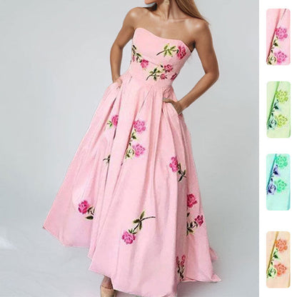 Damen Strapless Maxikleid Floralmuster Seitentaschen Norvielle - Norvielle